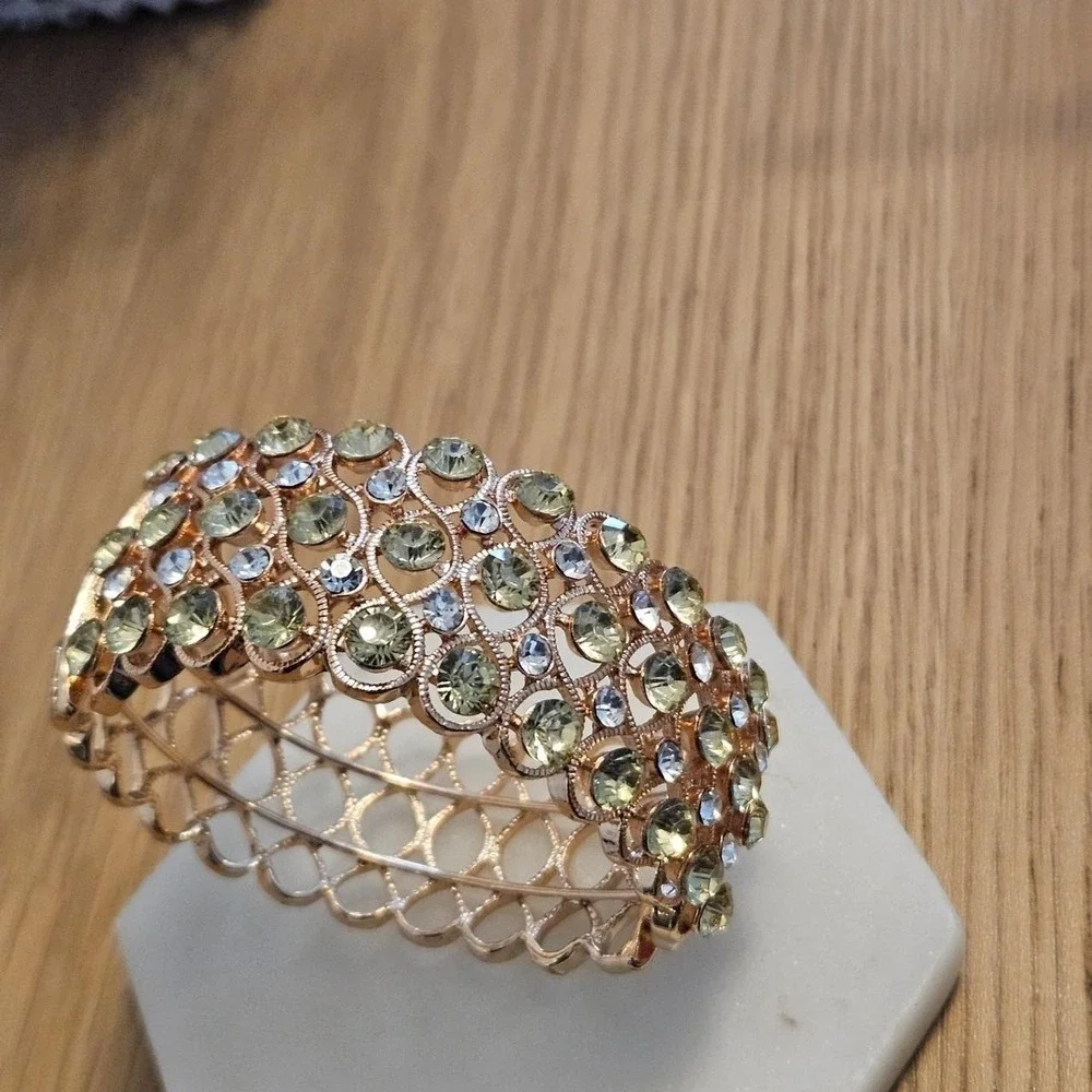 Gold Tone Filigree Yellow White Rhinestone Hinged Cuff Bracelet Crystal Glam
